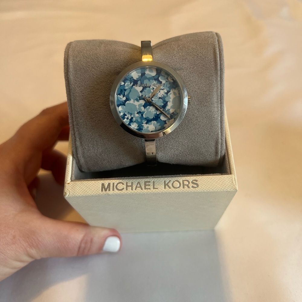 Michael Kors Silver Watch with Blue Floral Dial